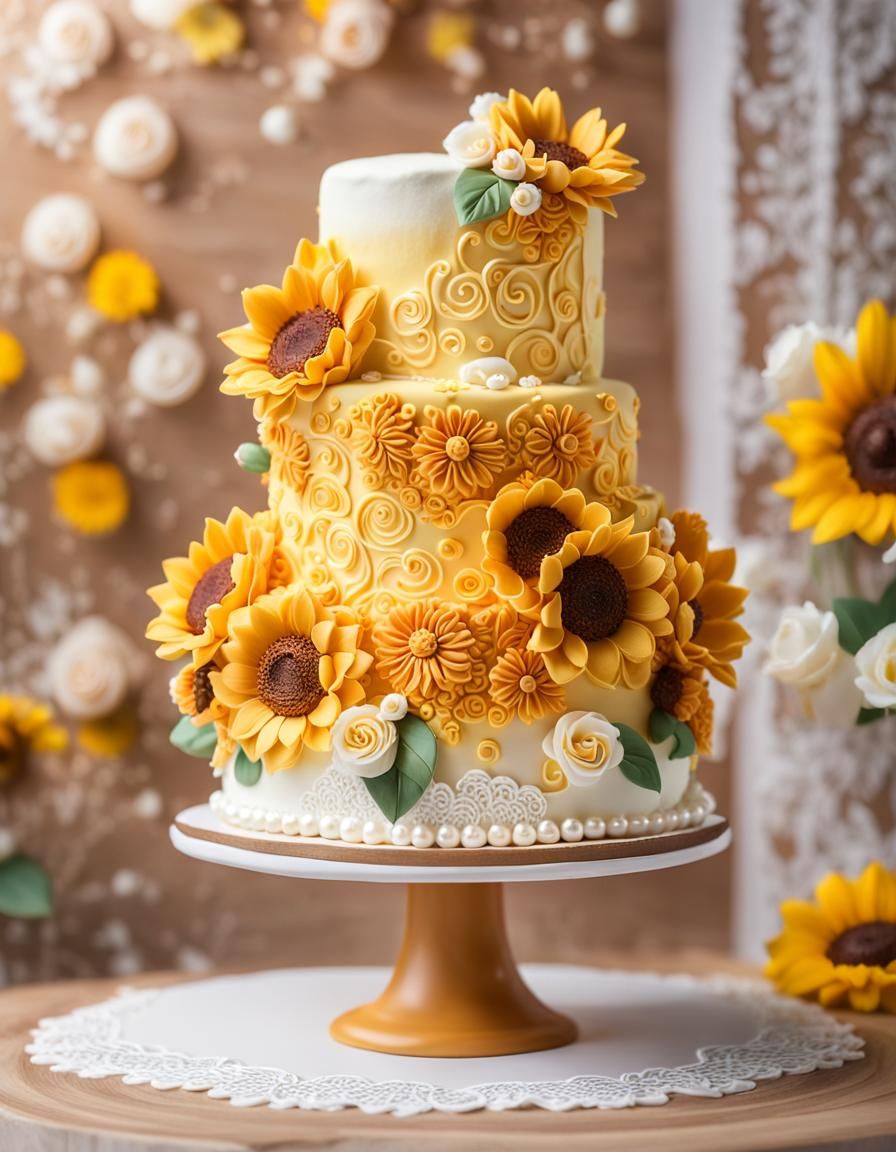 sunflower fondant wedding cake with lace Piping technique of...