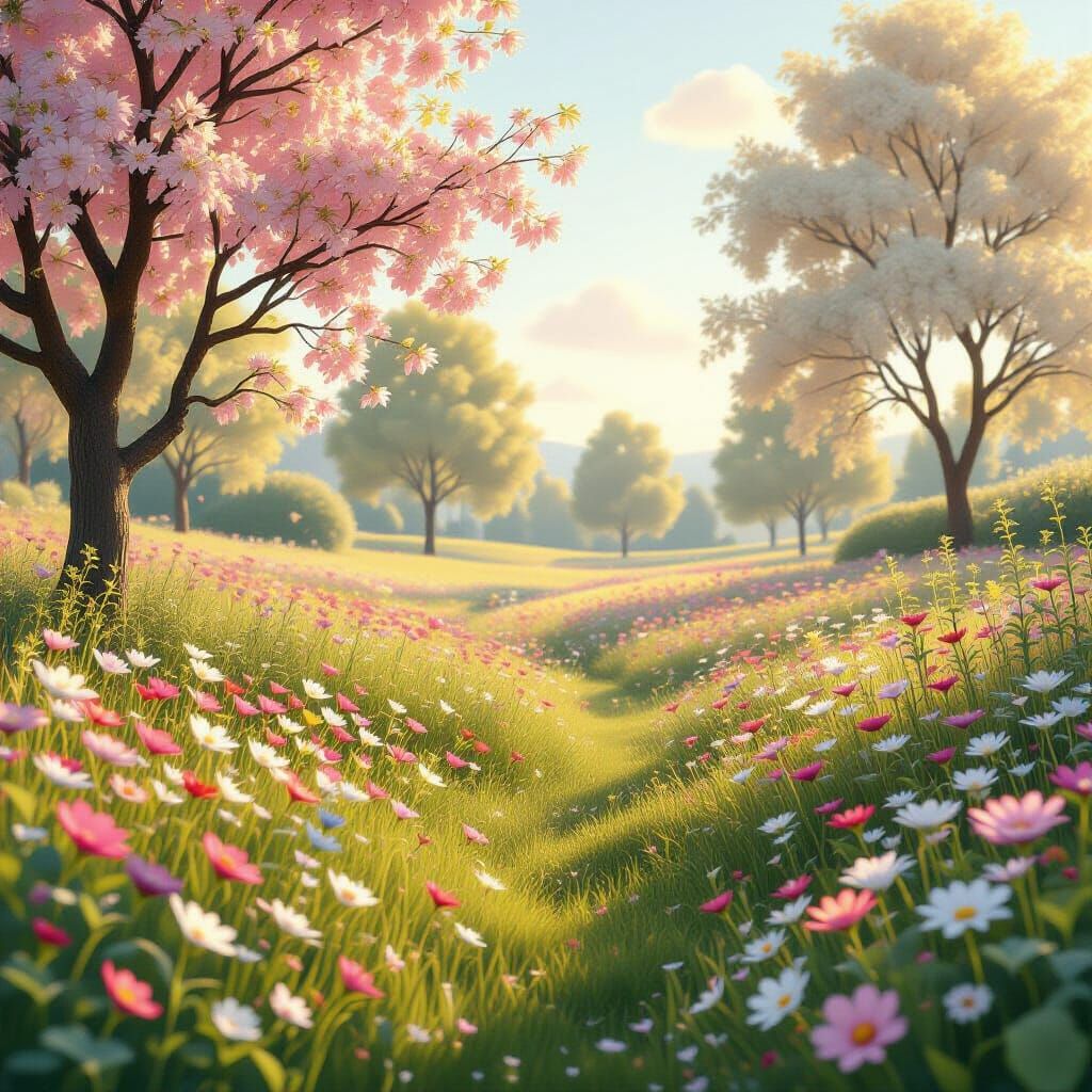 Pastel Meadow in Pixar-Style Computer Realism