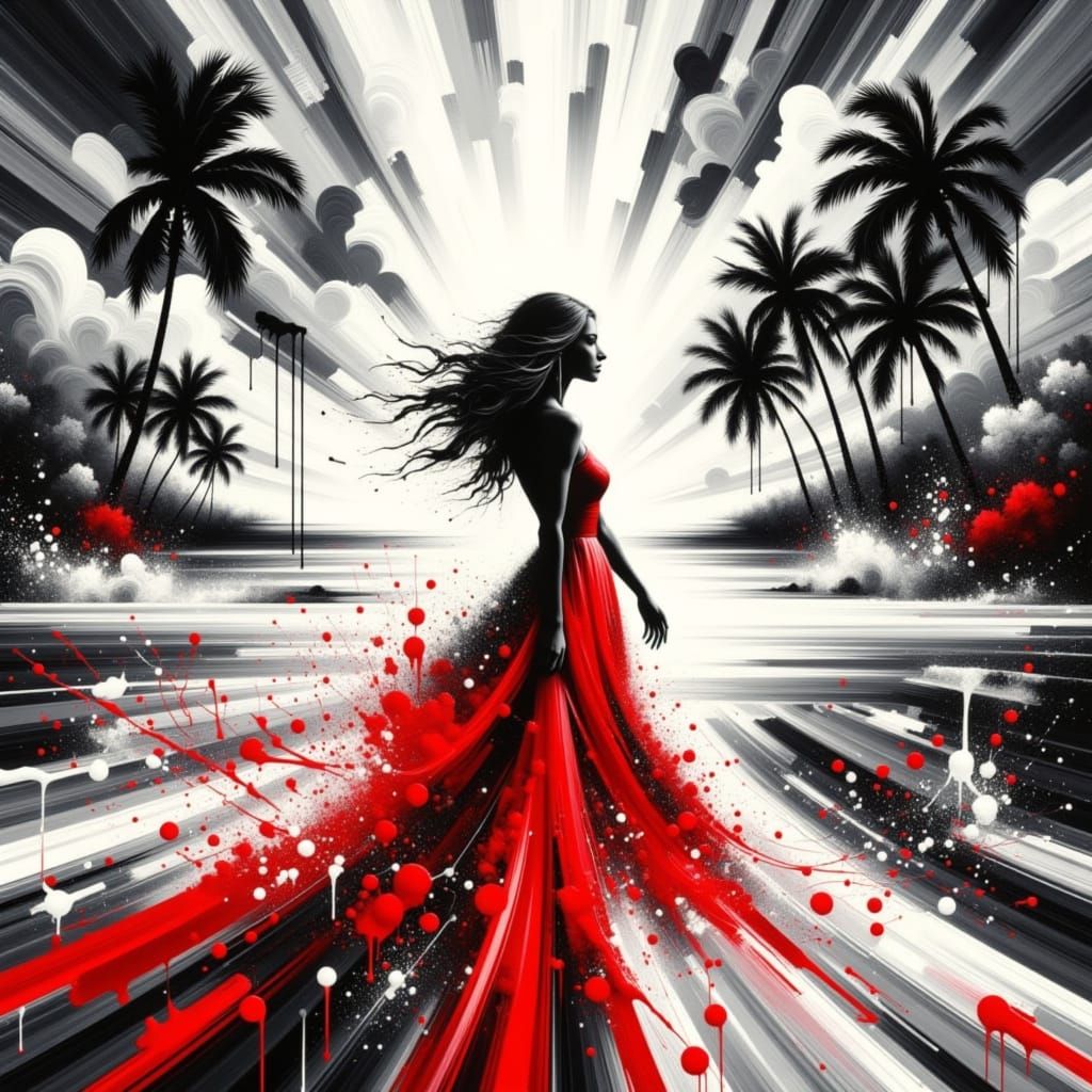 <lora:Drama Drip Splatter:1.0> Envision an abstract painting using a palette of black, white and red. The painting technique used involves s...