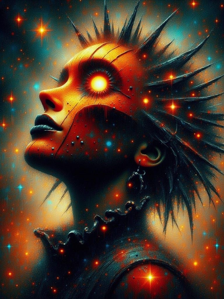 <lora:Gritt:1.0>  Spectrum Cosmic Serenade, art nouveau, digital collage, grunge, Conrad Roset, gothic, mesmerising glowing magical neon sur...