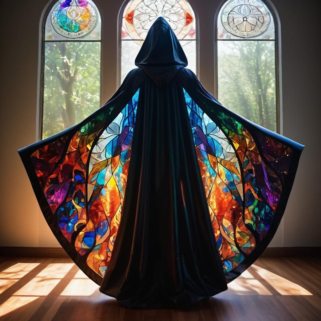 A magic cloak cape stained glass clear, intricate, detailed ...