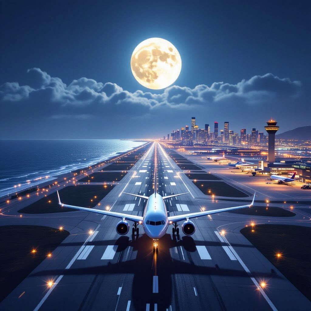 Night Flight Landing in a Moonlit Cityscape