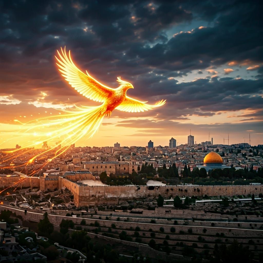 Jerusalem Sunset: Phoenix Soaring in Fantasy-Realism