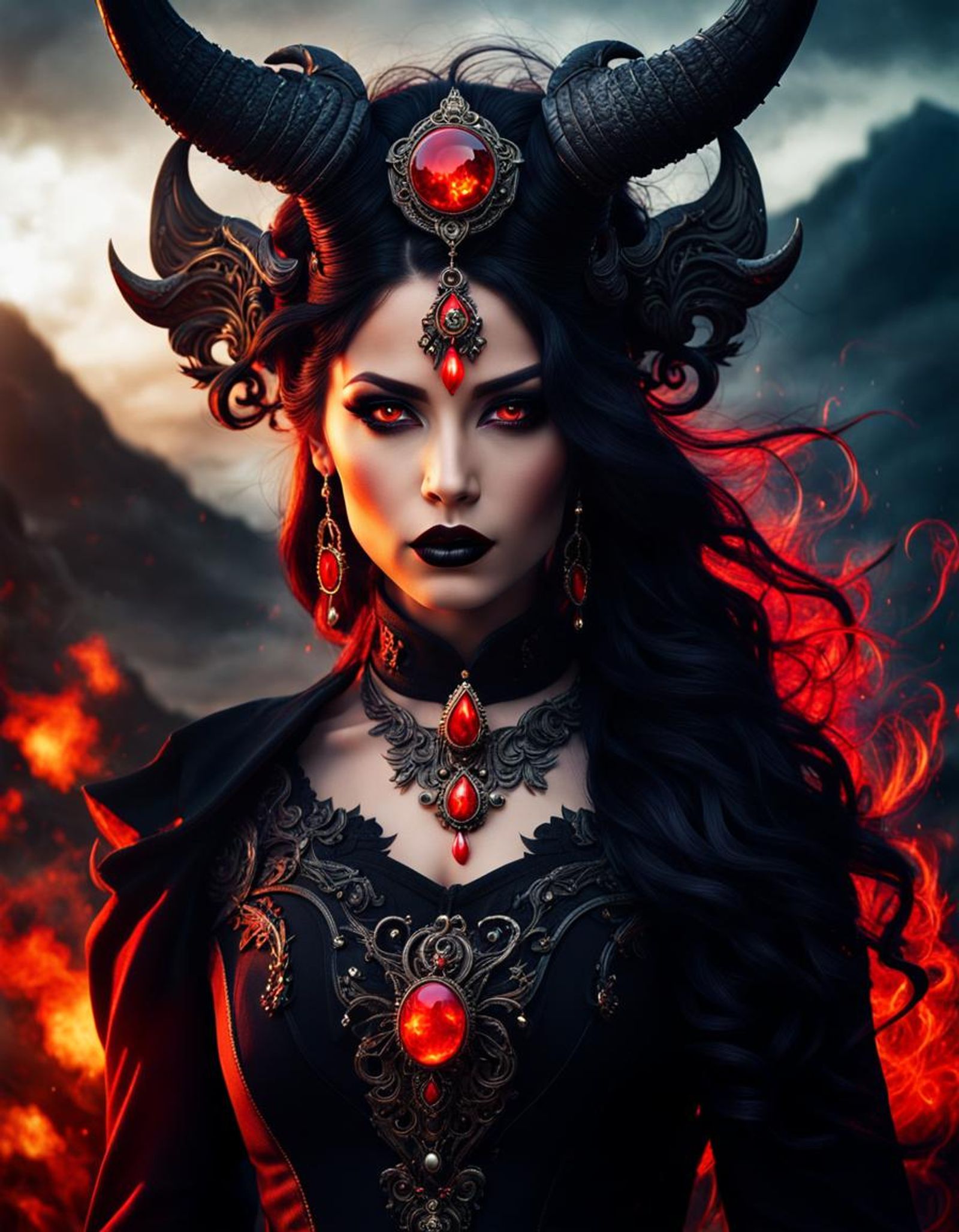 A fierce and alluring demon lady with fiery red eyes, dark, flowing ...