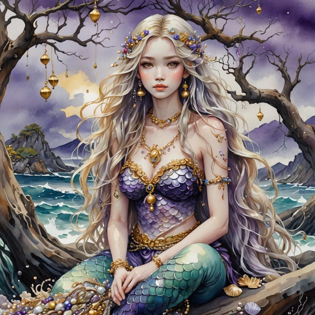 Mermaid in Stormy Sea, Klimt-Inspired Watercolor