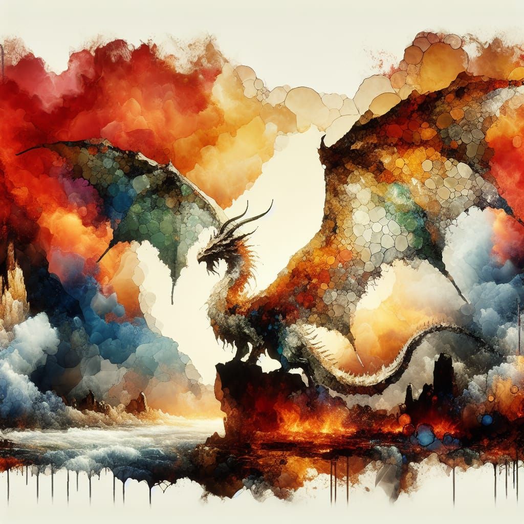 Majestic Winged dragon on fiery rocks