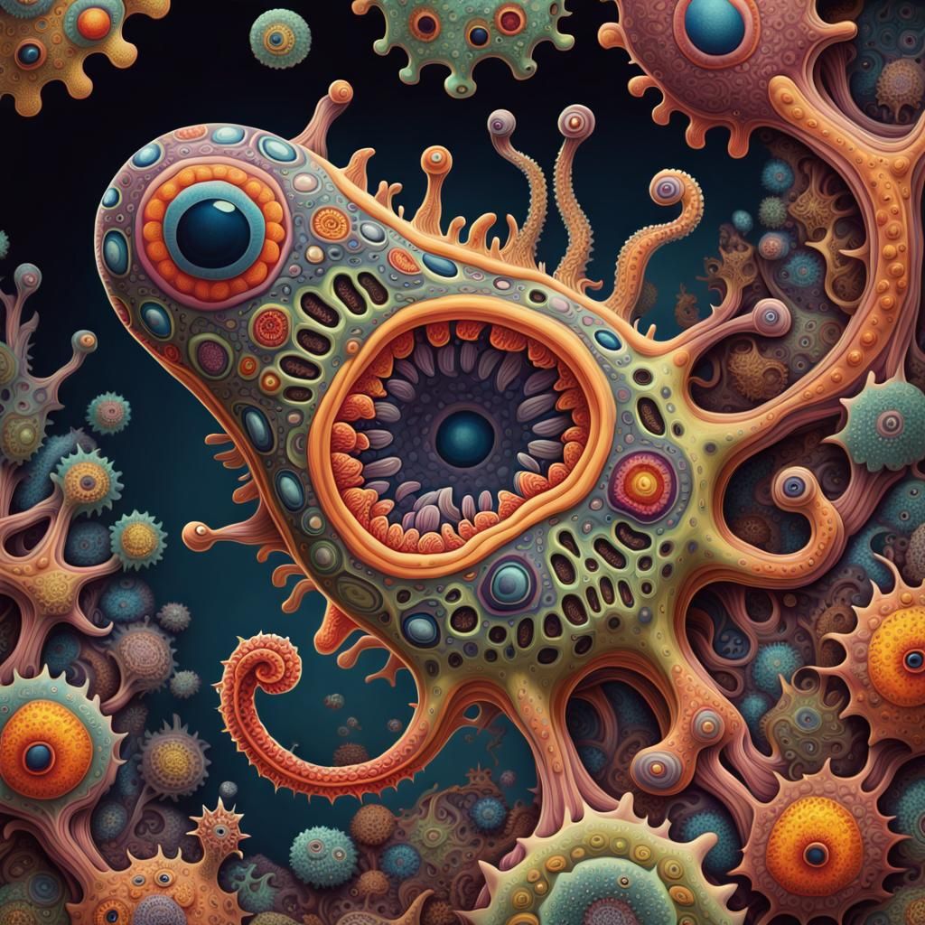  vibrant artwork featuring intricate structures and biological features of an amoeba.   by @artistrycreations_