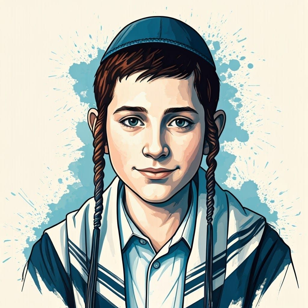 Contemplative Orthodox Boy Portrait in Ink Splatter Art