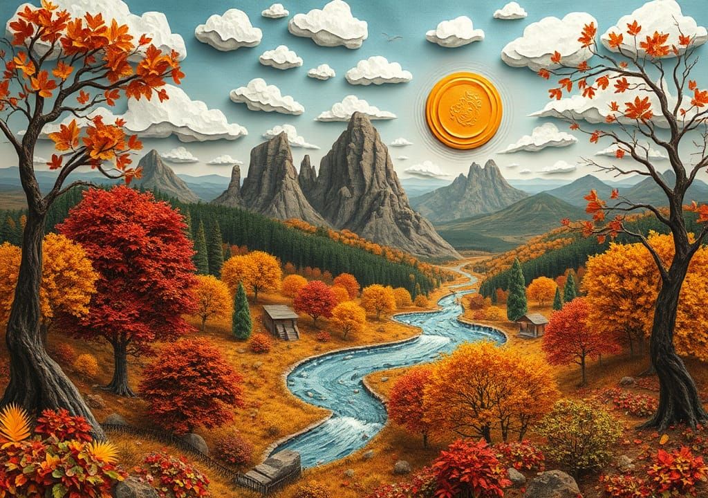 A crazy paper-mâché collage of a surreal paradisaical autumn...