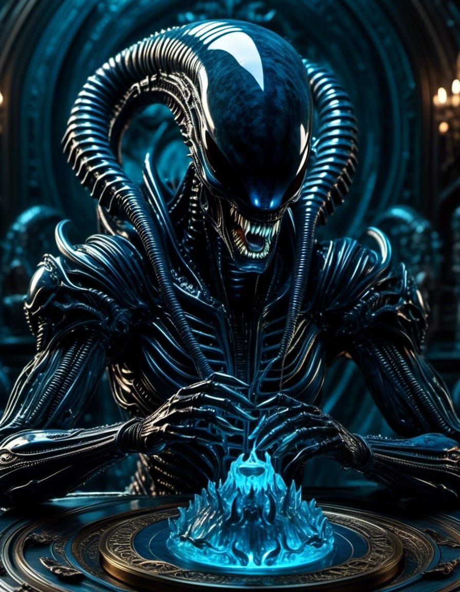 dramatic close up <lora:Xenomorph Queen:1.0> supervillain demon alien xenomorph queen with blue ceramic armour plating playing with beautifu...