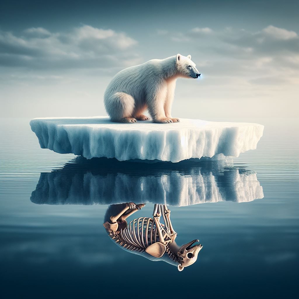 polar bear on melting iceberg looking at death reflection