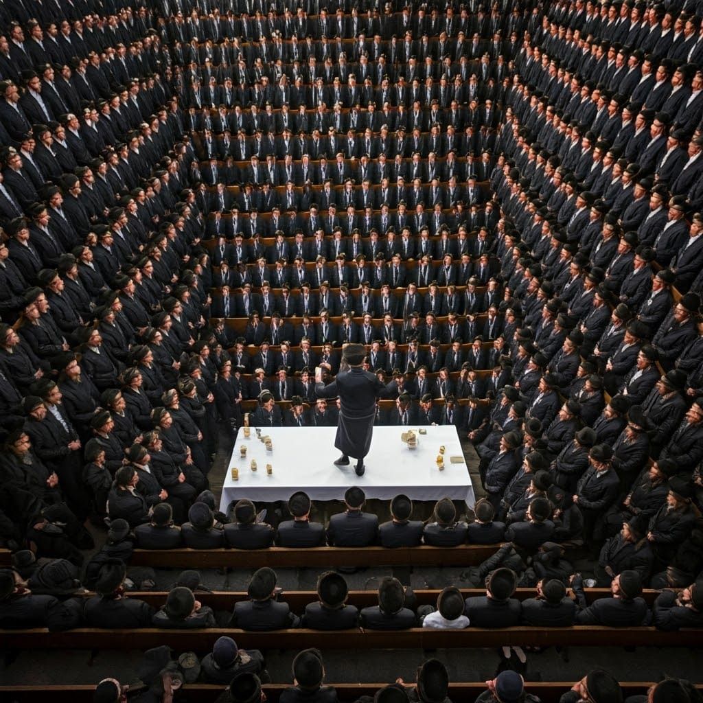 Hasidic Community Gathered in Staggered Seating Arrangement
