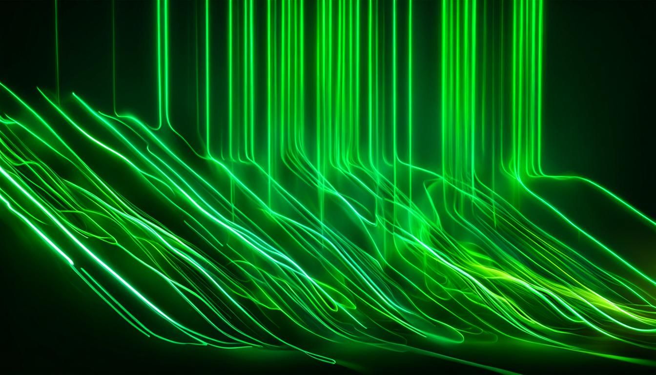 3d render. Abstract background of green neon lines sliding d...