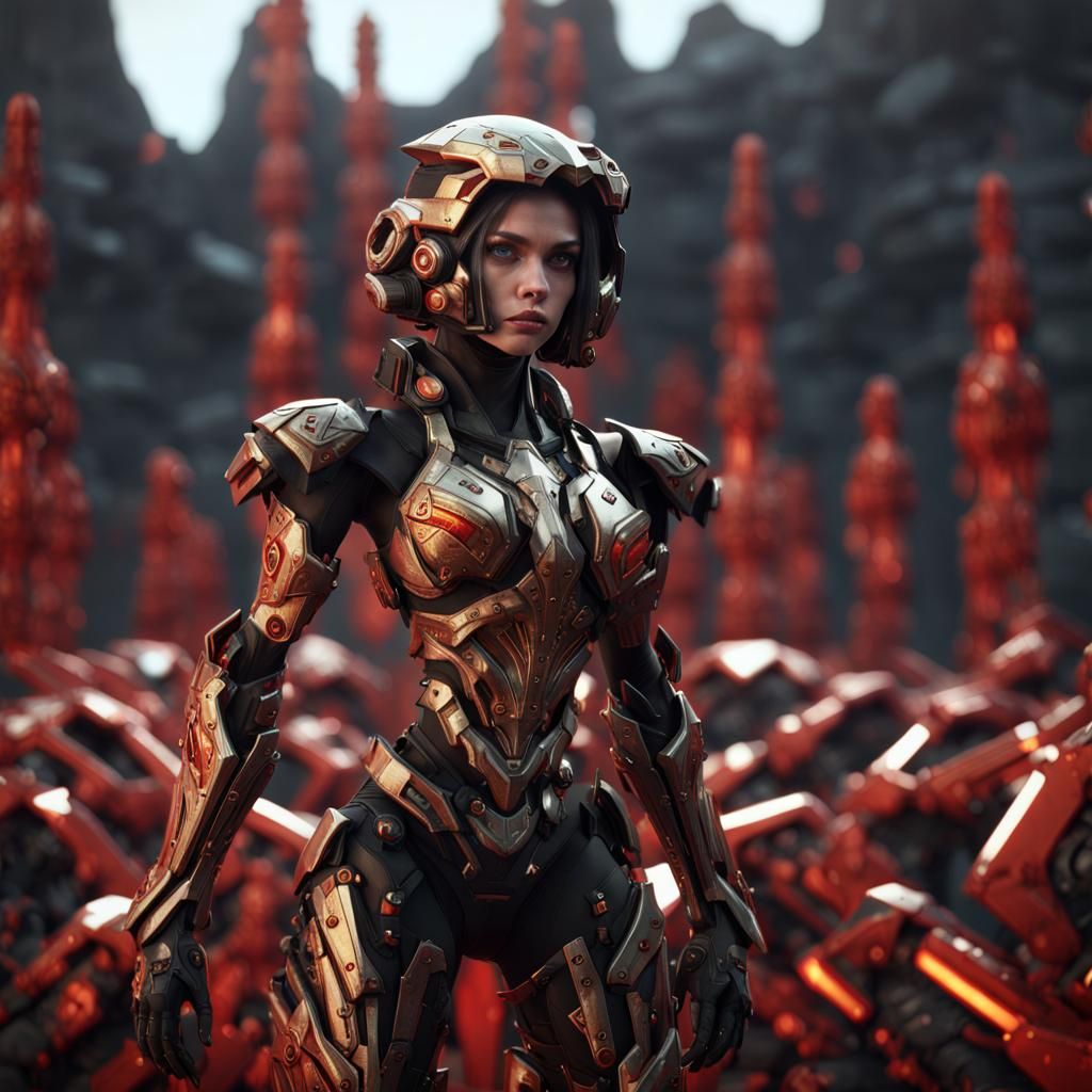 cybrog girl, standing on a mound of skulls, black and gold a...