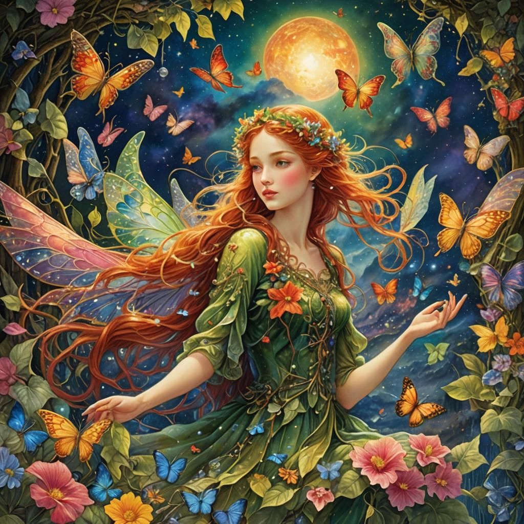 Celestial Fairy with Red Hair and Butterfly Wings