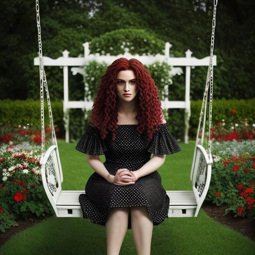 a beautiful girl with curly red flowing hair wearing a black...