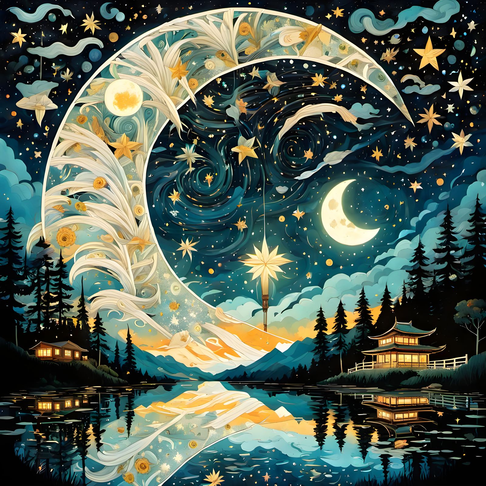 Penne Alfredo under Starry Night in Anime Style