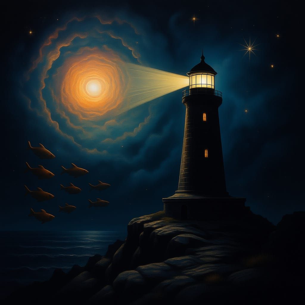 A lone, ancient lighthouse stands on a rocky outcrop, its beam cutting through a swirling, cosmic nebula. The lighthouse itself appears to b...