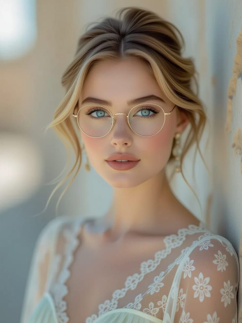 Close-up photo portrait of a gorgeous blue-eyed woman with short blonde hair dressed in a vintage dress, no. 1