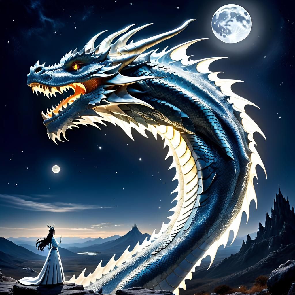 .
Un enorme dragón se cierne cerca de una reina real con cab...