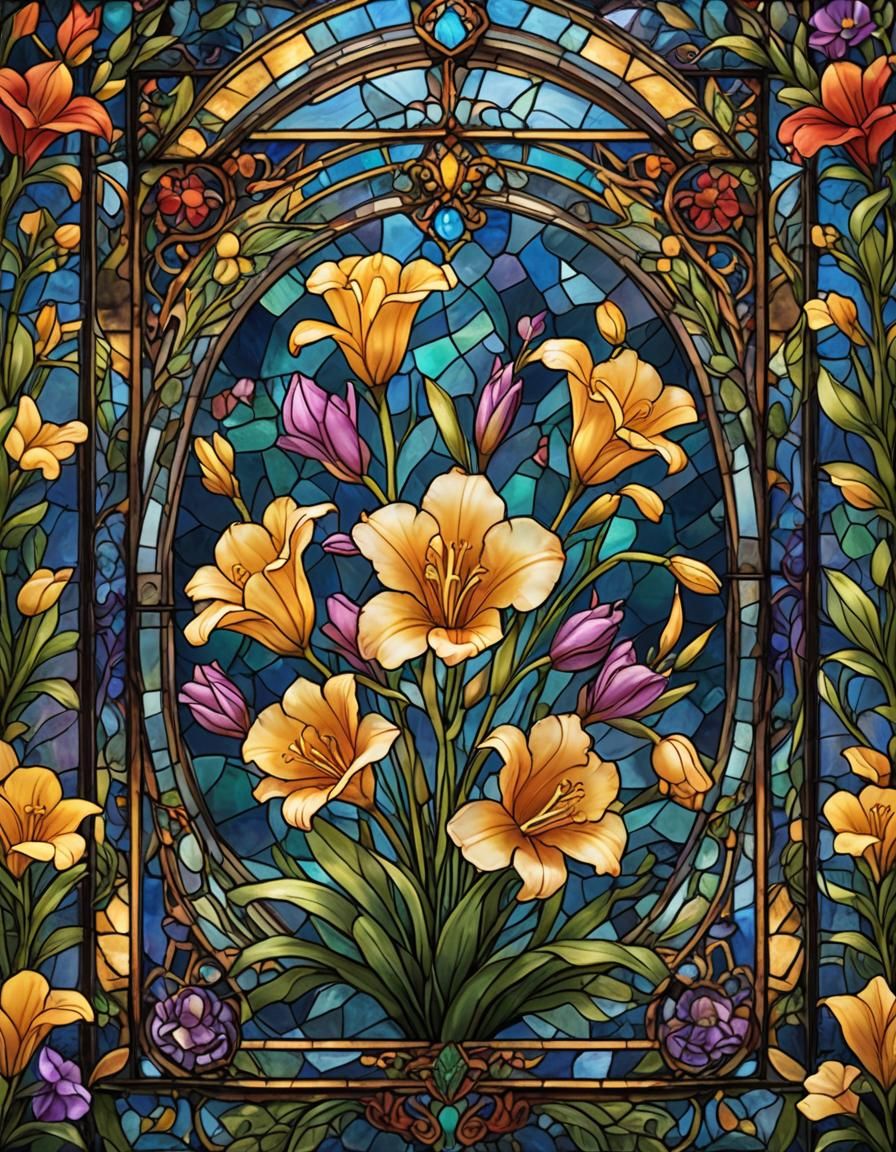 traditional stain glass square, small vibrant freesia flower...