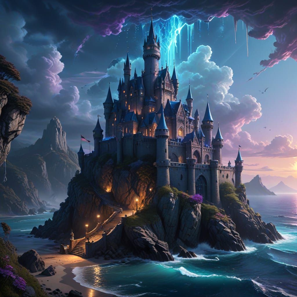 Fantastical Castle Above Glowing Ocean - Fantasy Art