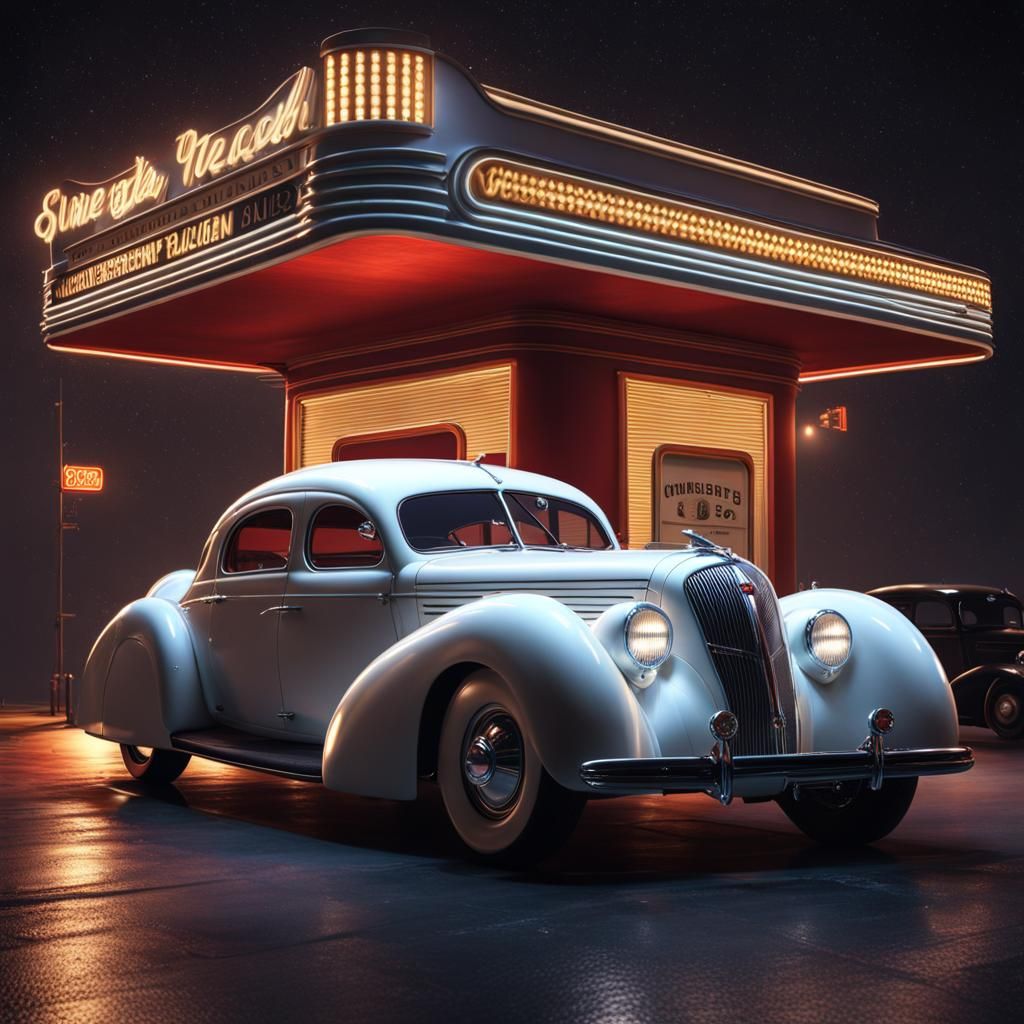 1938 light color, 4 doors fastback super car, Art-déco, detailed, at the opera theater, Washington 1938, in the night