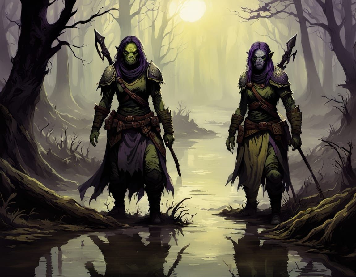 2 female orc (with pug snouts) rangers stalking prey in a swamp Dark, gothic, sepia, daytime, daylight, ...  by @Amanda