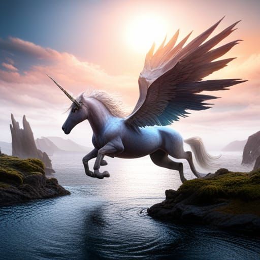 a six-legged unicorn flying over the water - AI Generated Artwork ...