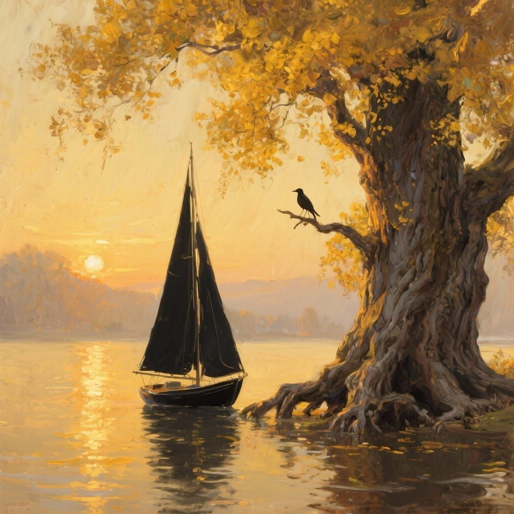 An oil-paint landscape on textured canvas, showing a black sailboat drifting near the roots of an immense golden-leaf tree during sunset. Th...