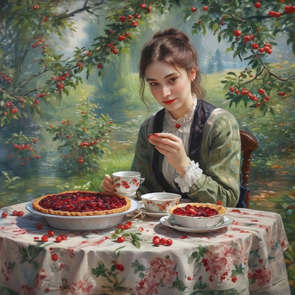 A  nice girl is drinking tea with a  Cherries pie