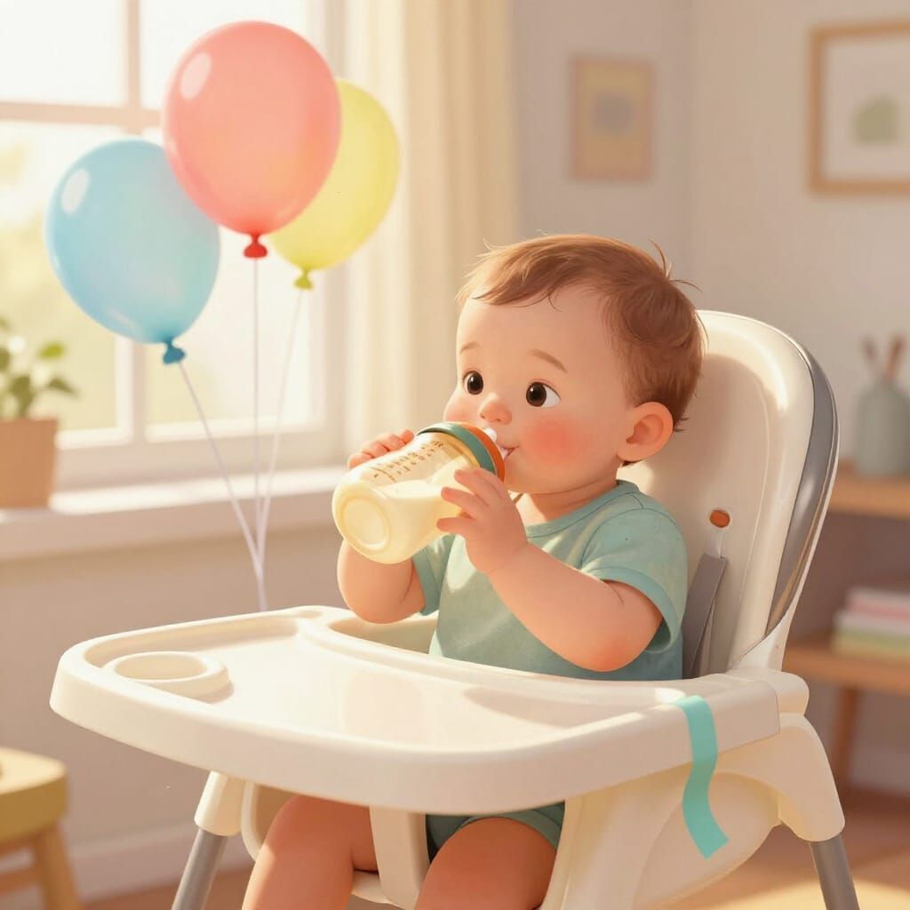Happy Baby Drinks Bottle in Sunny Room