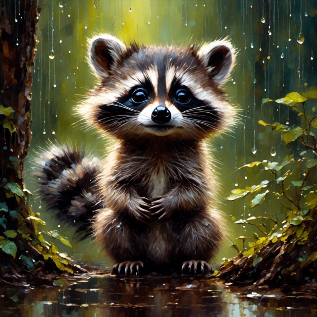 Baby Racoon in the Rain