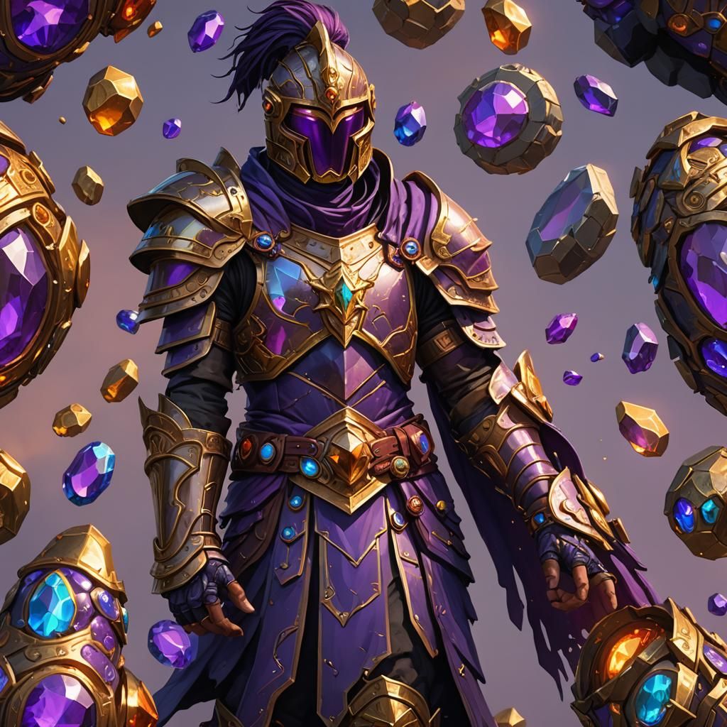 a purple  person with a gauntlet that has 7 different colore...