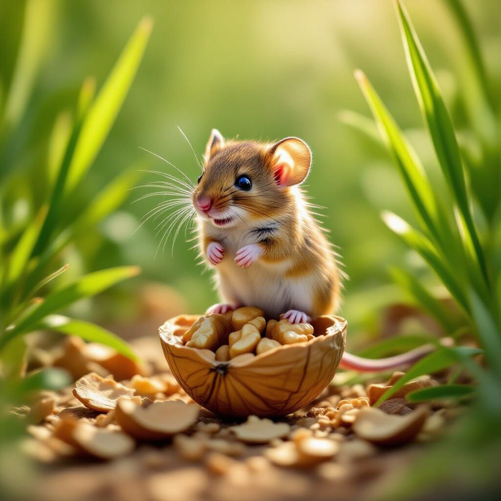 A tiny field mouse standing triumphantly atop a freshly opened walnut shell, having finally cracked it ...  by @Phys