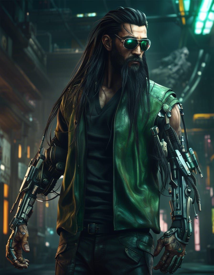 cyberpunk character portrait; tall and muscular guy; long bl...