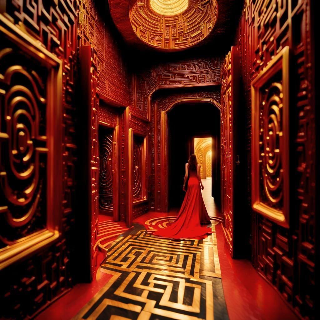 A door of Golden Mirrors 
 which is a MAZE LABRINTH 
 A Lady with a Red gown dress walks towards the door 