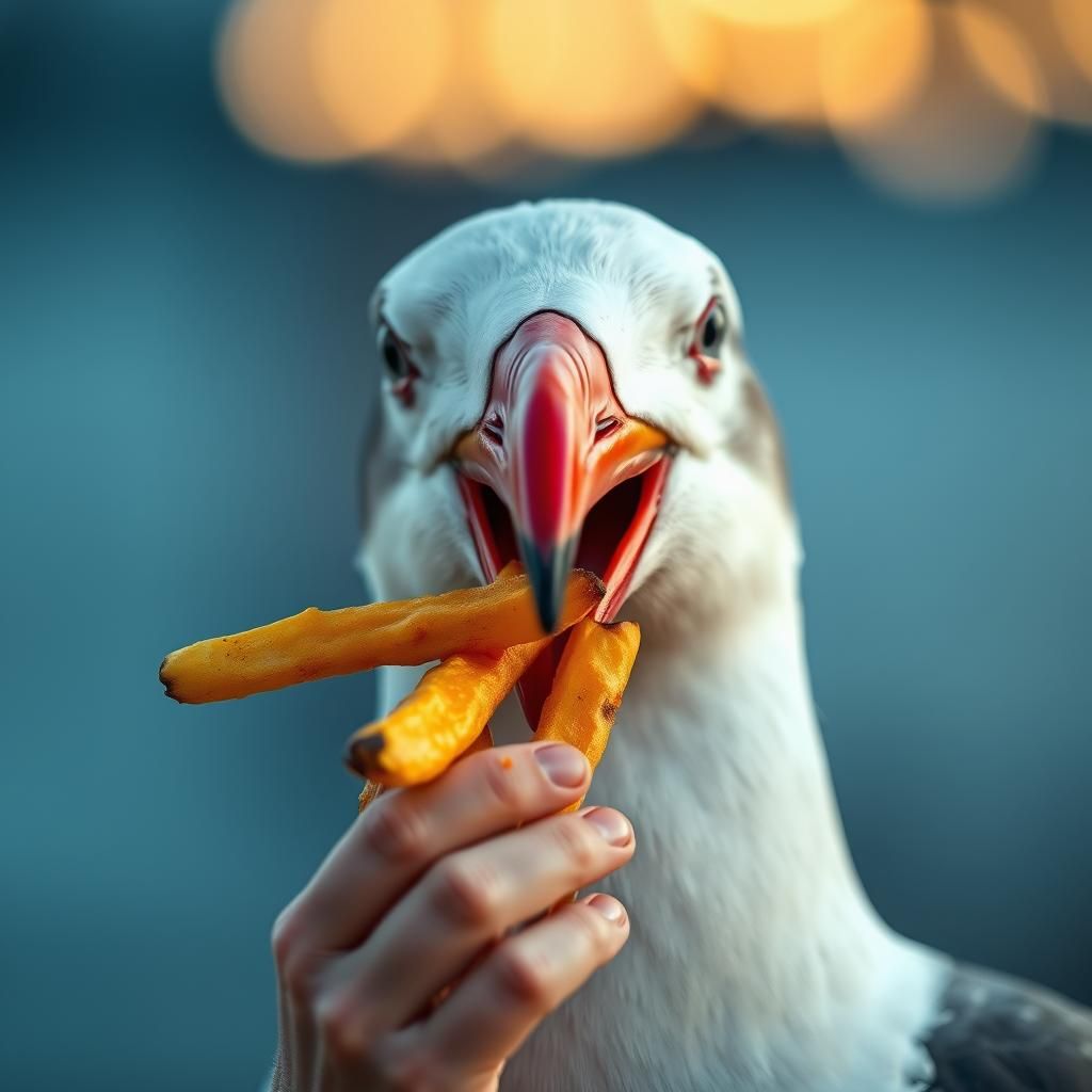 Handsome seagull eats World's biggest french fry