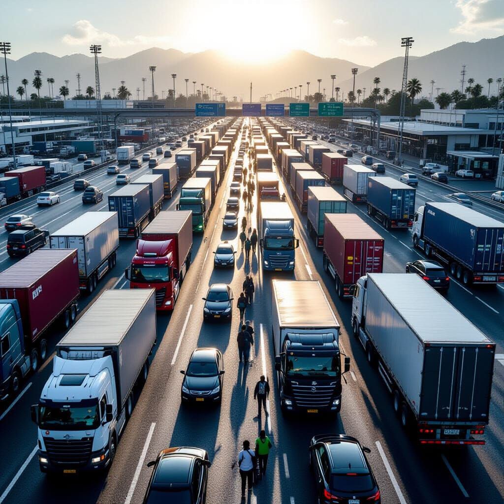 Immigration entry point. Huge lines of trucks and cars