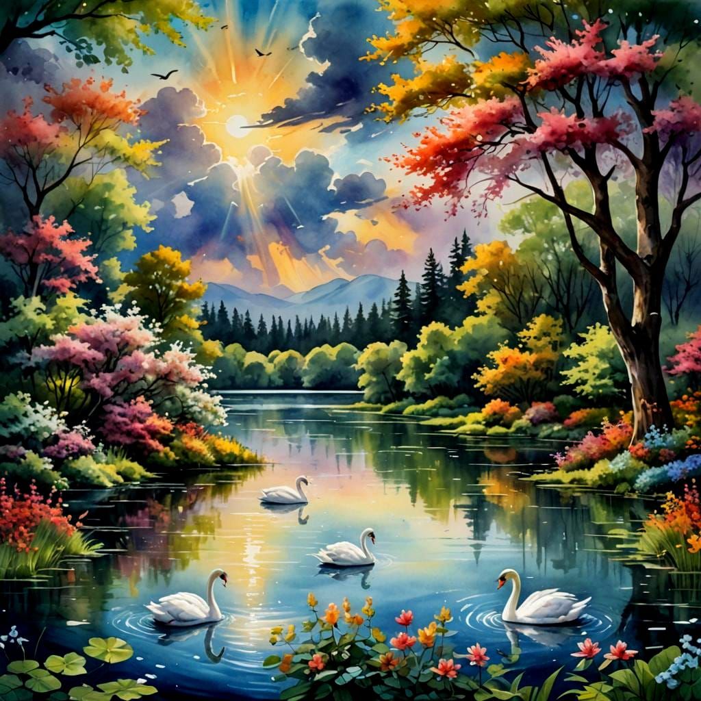Watercolor painting A calm lake with crystal clear water, th...