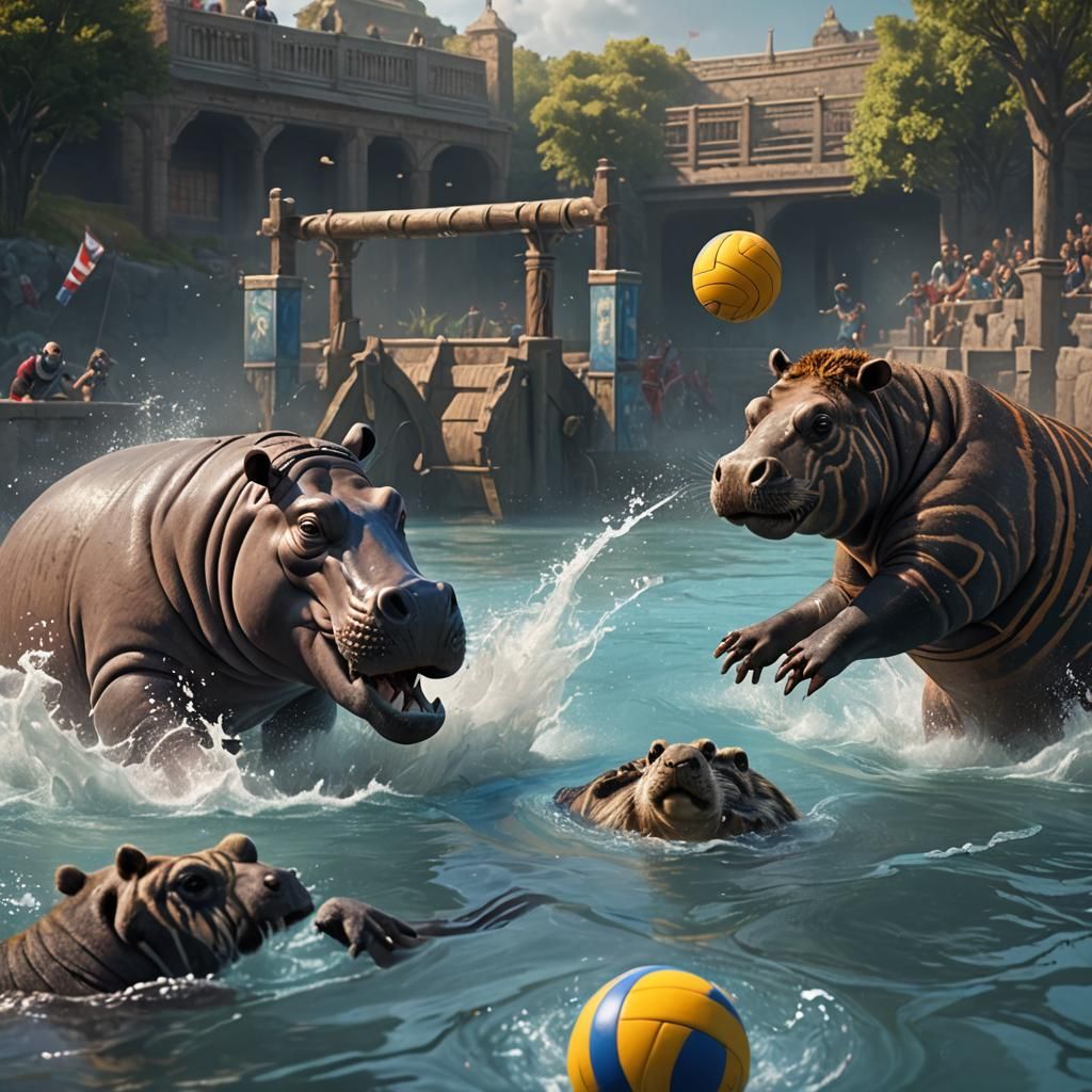 Hippo competes with raccoon in water polo