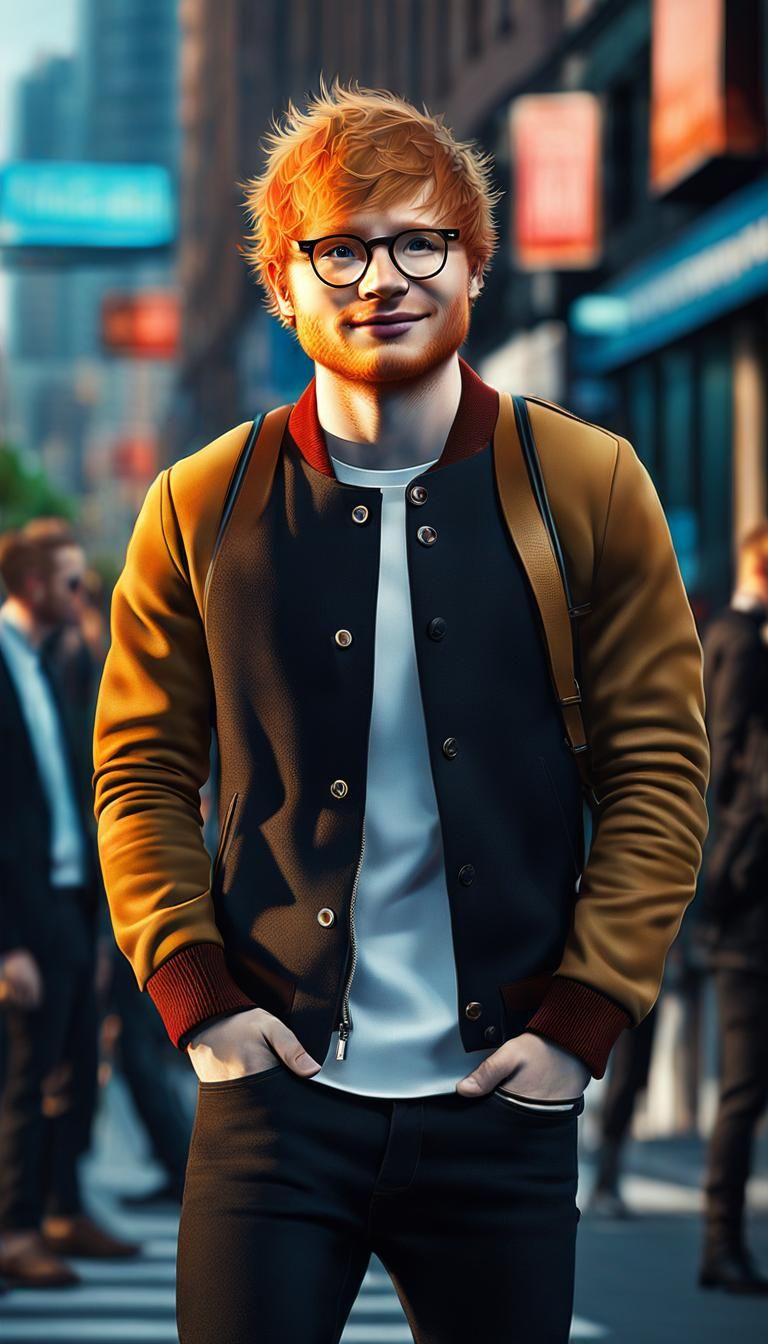 Ed Sheeran in a City street smart outfit