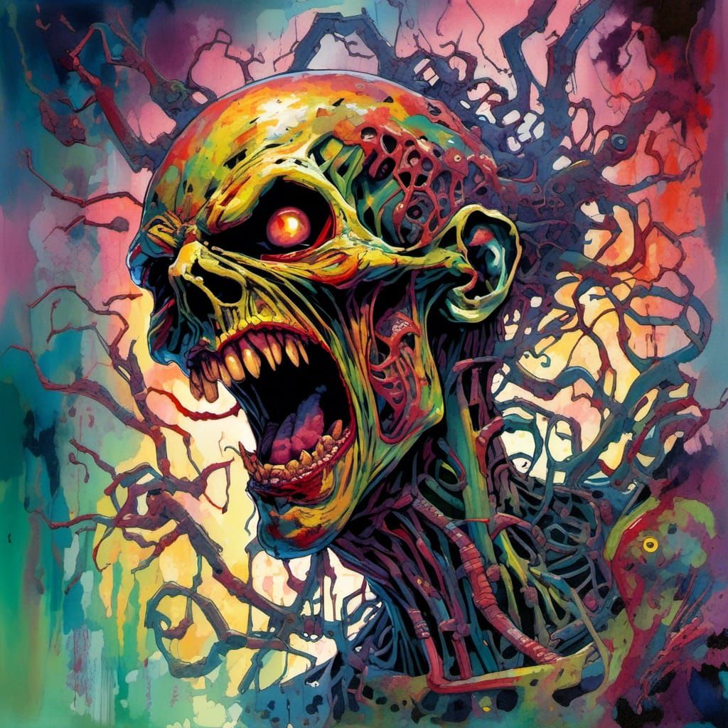Techno zombie screaming in fury, distorted face contorted in horror, sharp teeth bared, eyes glowing with an otherworldly energy, surrounded...