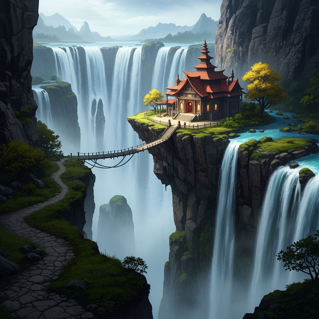 Precarious temple on a ledge clinging to canyon walls overlooking thunderous massive waterfalls, reached by a treacherous path partially los...