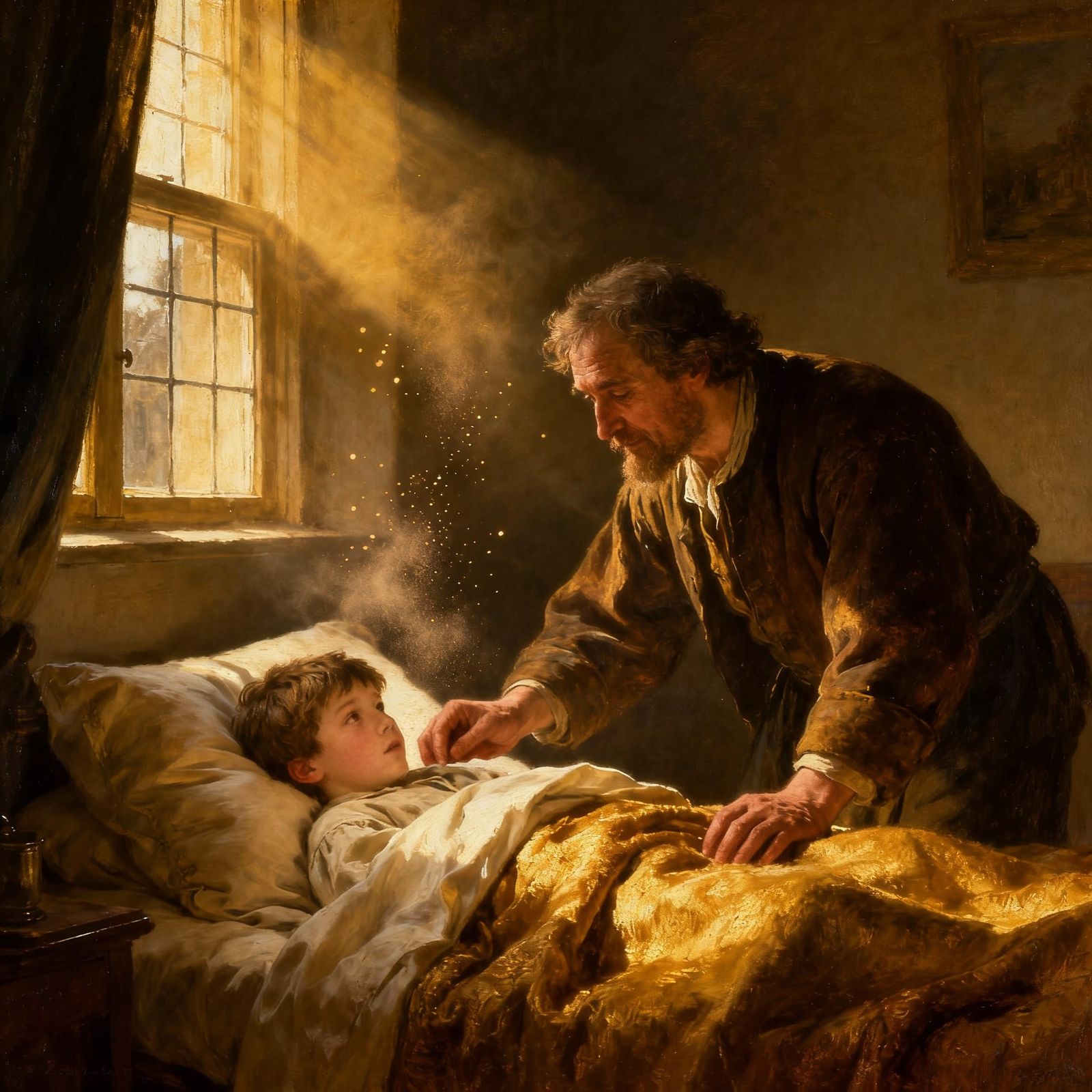 Father Gently Wakes Son in Warm Morning Light