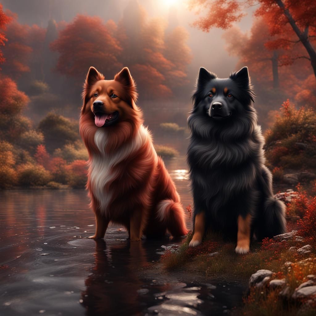 Black Eurasier and Red Australian Shepherd Digital Painting