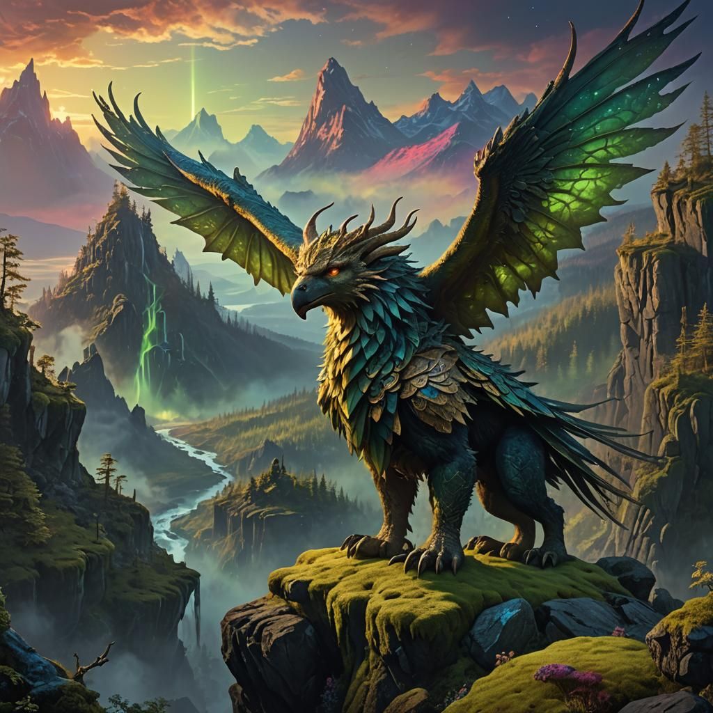 A fantasy creature in a fantasy landscape