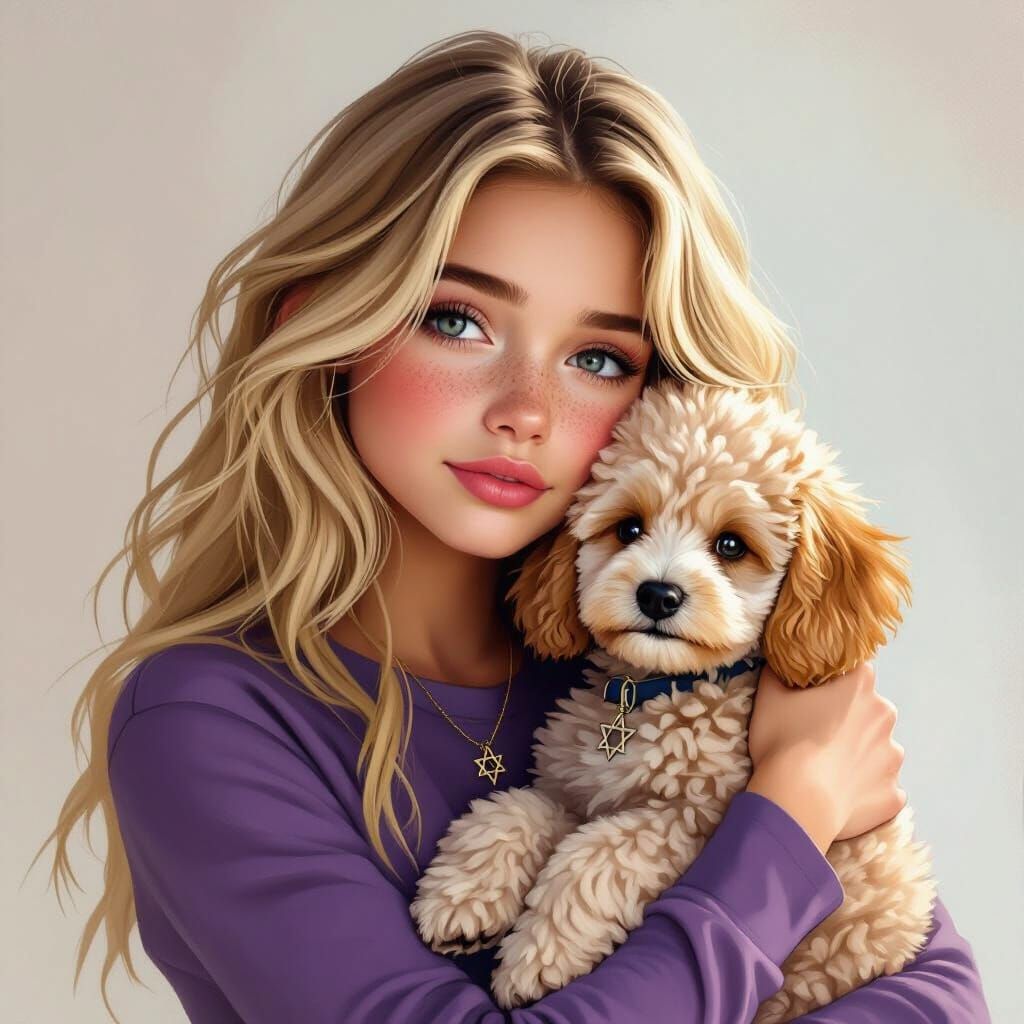 Melancholy Blonde Girl Hugs Poodle Puppy in Painterly Style