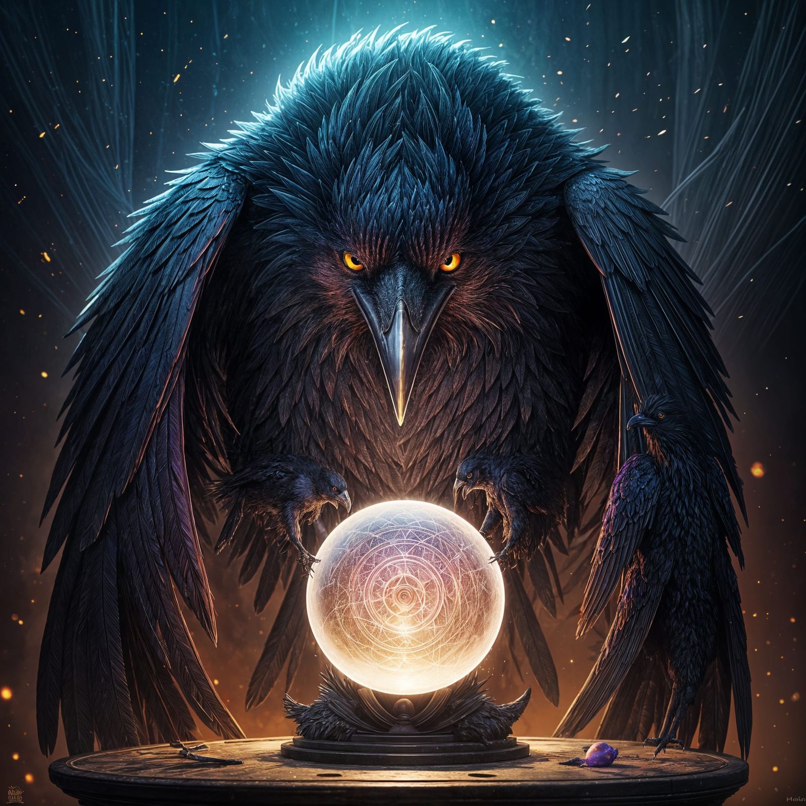 anthropomorphic raven over a magic ball and creates visions of the future-  by @Zacharo