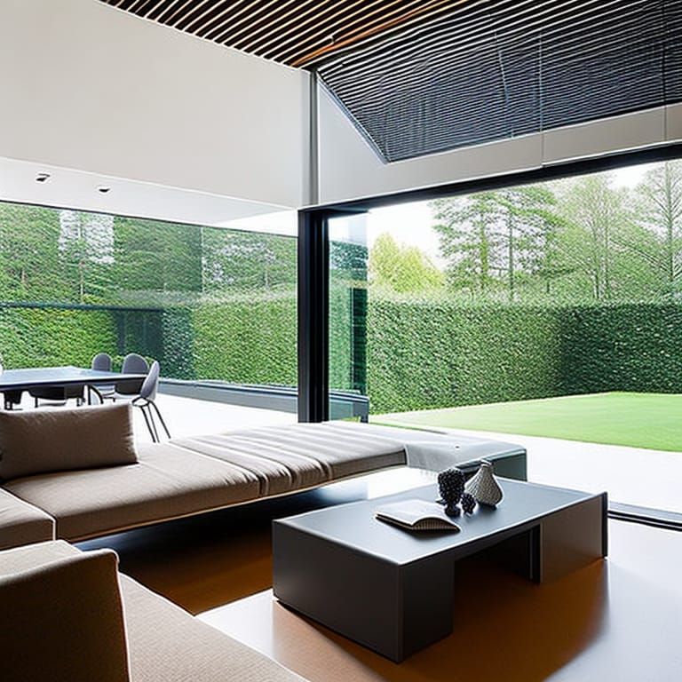 Design a modern living room with large windows on two sides,...
